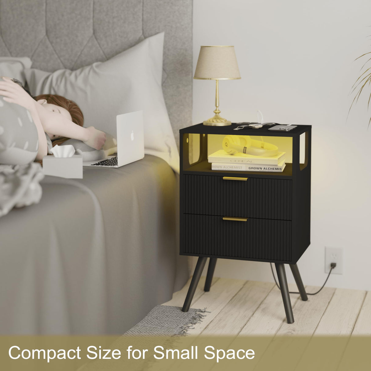 JOONEE Black Nightstand with Charging Station and LED Lights,Modern Bedside Table with 2 Storage Drawer and Open Wood Shelf, for Bedroom and Small Spaces,Night Stand with Solid Wood Legs,Black JOONEE