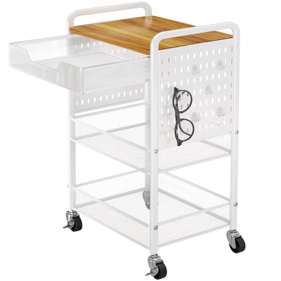 3-Tier Rolling Utility Cart with Wheels - Metal Cart with Wood Tabletop, Slide Drawer and Pegboards & Hooks, Versatile Storage Organizer Cart for Home Office Kitchen, White