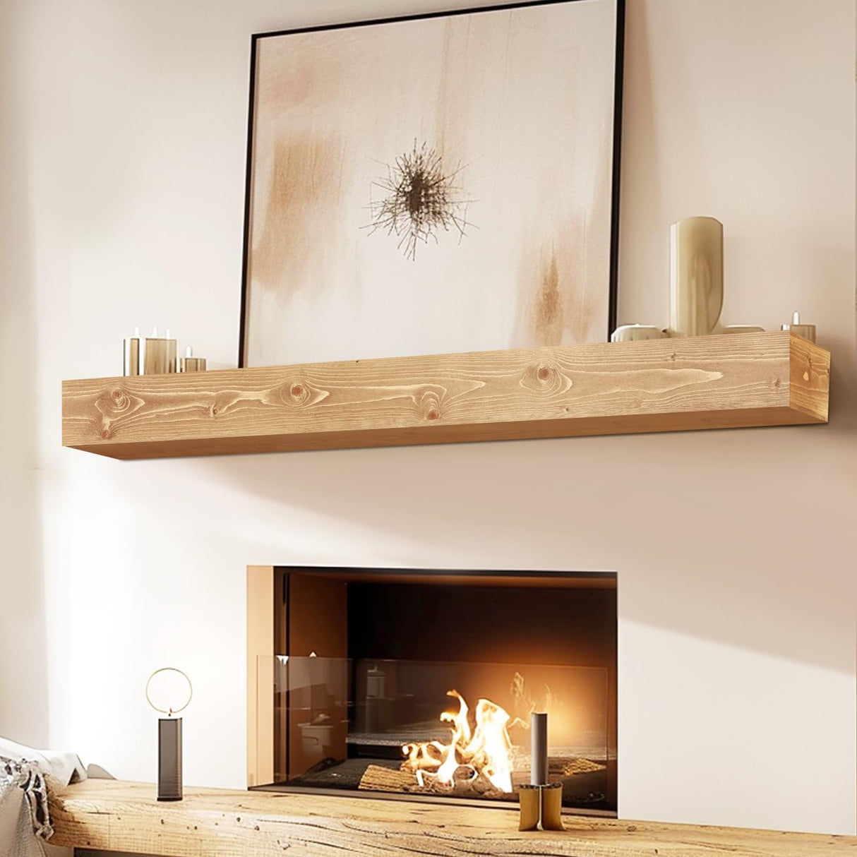 YLYHSST 48" Fireplace Mantel, 5'' Thick Handmade Hollow Solid Wood Wall Long Floating Shelf with Invisible Wood Brackets, Wood YLYHSST