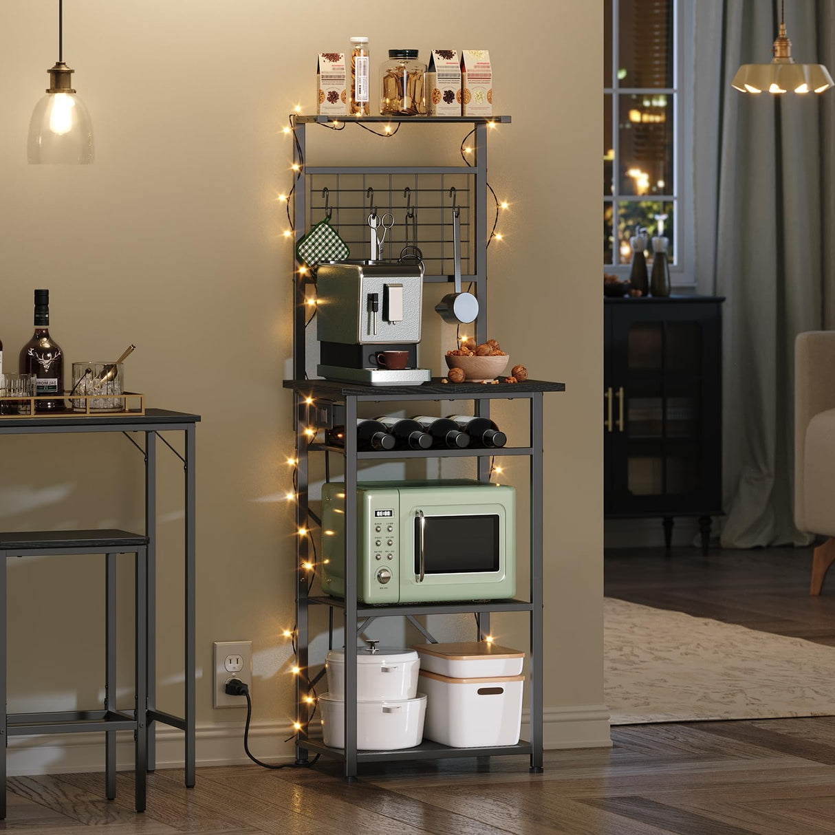 MAHANCRIS Bakers Rack with Power Outlet, Coffee Bar Station with Wine Rack, Bakers Racks for Small Spaces, Microwave Stand for Kitchen, Black BRBK23E01 MAHANCRIS