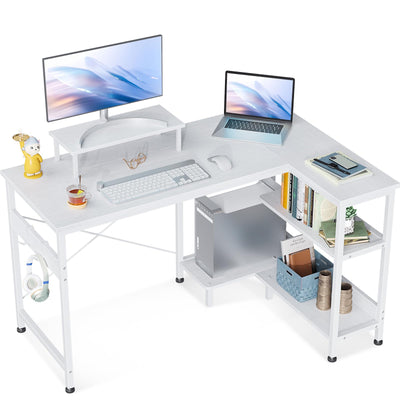 ODK 47 Inch Small L Shaped Computer Desk with Reversible Storage Shelves, L-Shaped Corner Desk with Monitor Stand for Small Space, Modern Simple Writing Table for Home Office Workstation, White