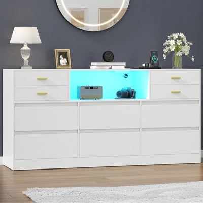 Loomie 10 Drawer White Dresser with Charging Station & Led Lights for Bedroom, 58" Long Triple Wide Dresser TV Stand for TVs up to 65", Large Dressers Organizer with Open Cubby, Wide Chest of Drawer