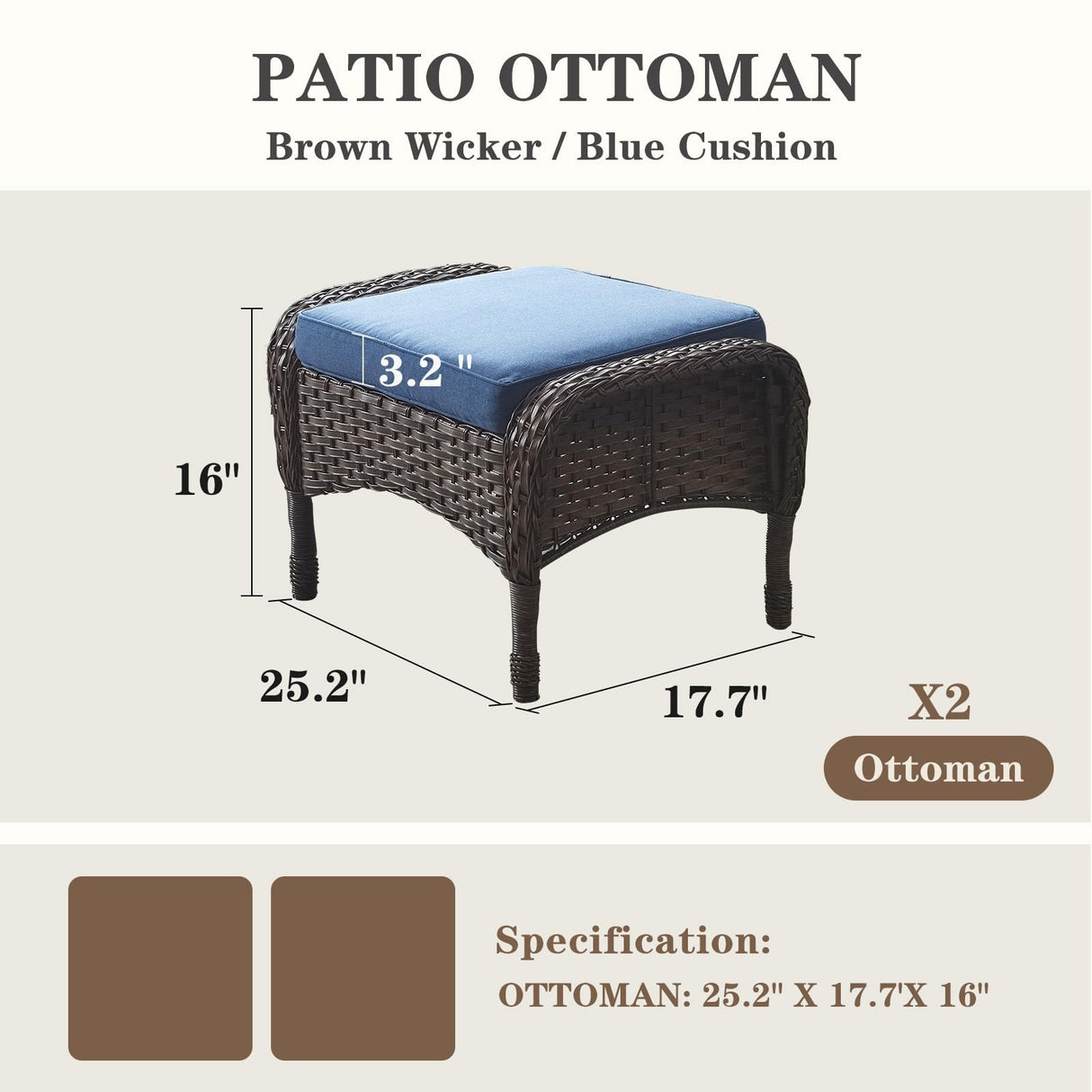 Belord Outdoor Ottomans for Patio Foot Rest - 25 Inch PE Wicker Foot Stool Set of 2 with Removable Cushions for Patio Furniture Sets,All Weather Rattan Ottoman for Balcony Deck Backyard Brown Belord