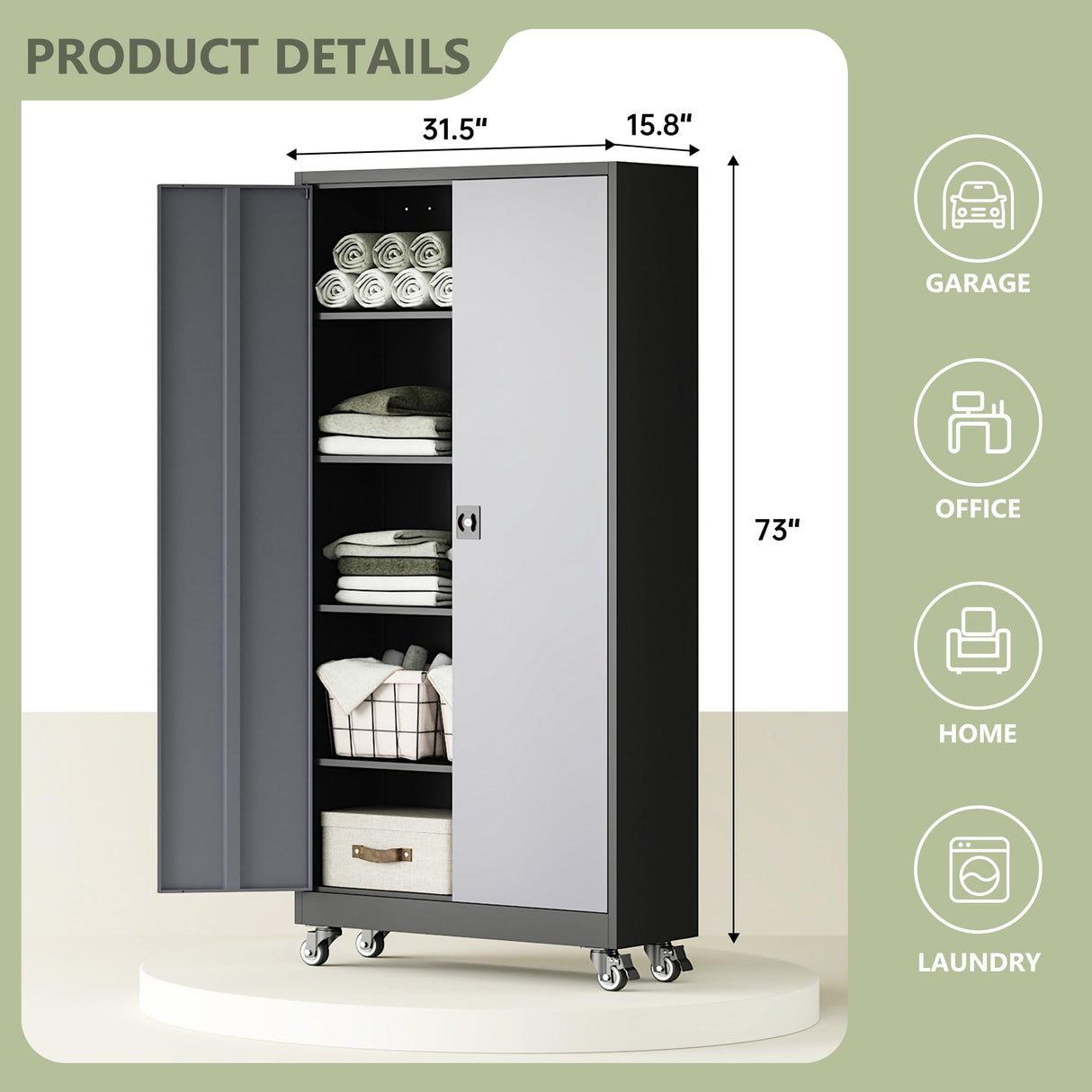 RAVIGIN Metal Garage Storage Cabinet with Wheels, 73" H Locking Tool Cabinet with 2 Doors and 4 Shelves, Tall Steel Cabinet for Garage, Heavy Duty File Cabinet for Office, School (Black Grey) RAVIGIN