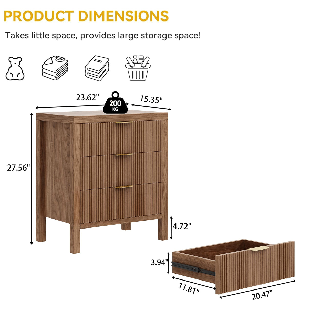 LSKTGA 6 Drawer Dresser for Bedroom, Large Fluted Dresser with Wide Drawers and Golden Handles, Storage Organizer Dresser, Modern Wooden Dresser Chest for Bedroom Living Room, Walnut LSKTGA