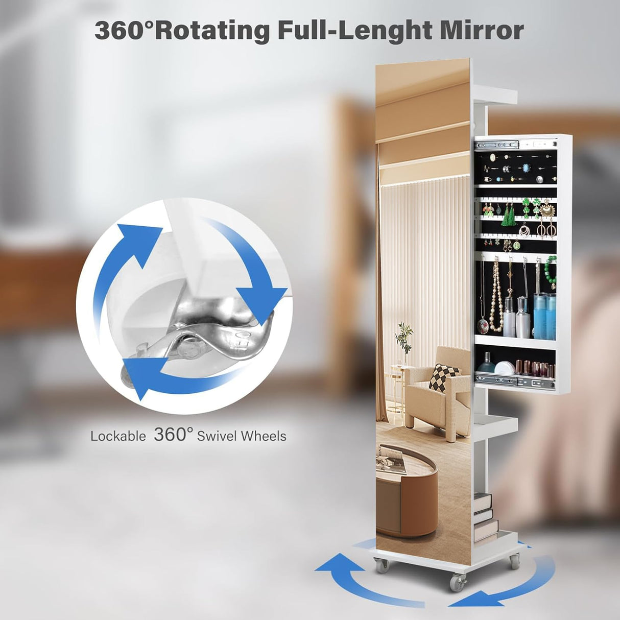 BOSTANA Jewelry Organizer, Push-Pull Jewelry Armoire Mirror with Storage Shelves Coat Rack, 360° Swivel Mirror Jewelry Cabinet Standing with Full Length Mirror, Gift Idea, White BOSTANA