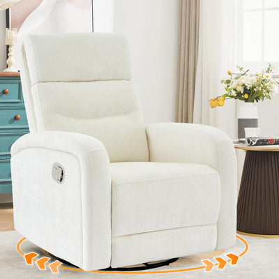 AEMEIOS Nursery Rocking Recliners, 360° Swivel Glider Rocker Recliner with Double Pockets, Manual Nursery Glider Rocker Recliner for Living Room, Chenille White