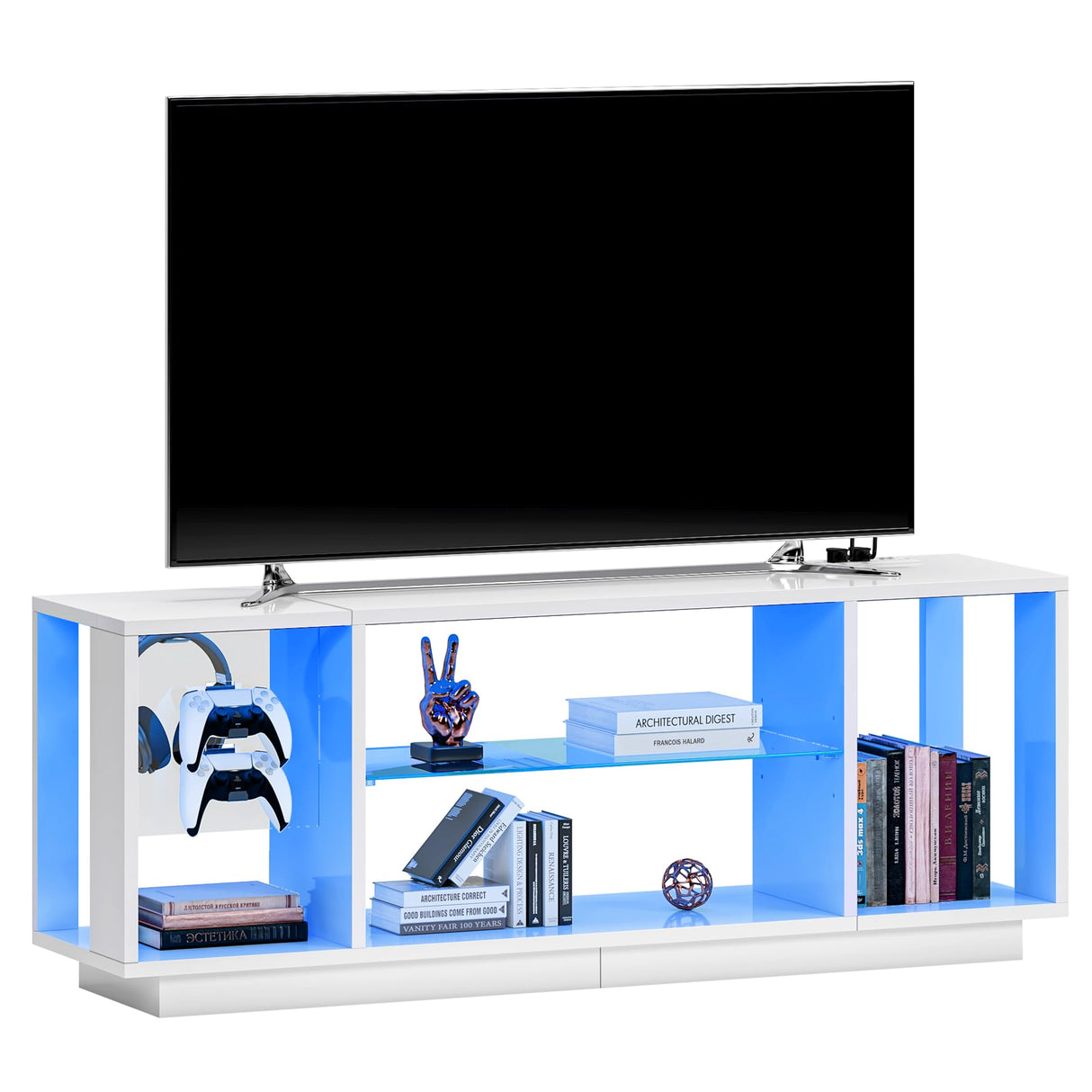 SogesPower LED TV Stand for 55/60/65” TVs,LED Entertainment Center with Charging Station and Adjustable Glass Shelves,TV Stand with Lights for Bedroom Living Room,Media TV Console with Storage,White SogesPower