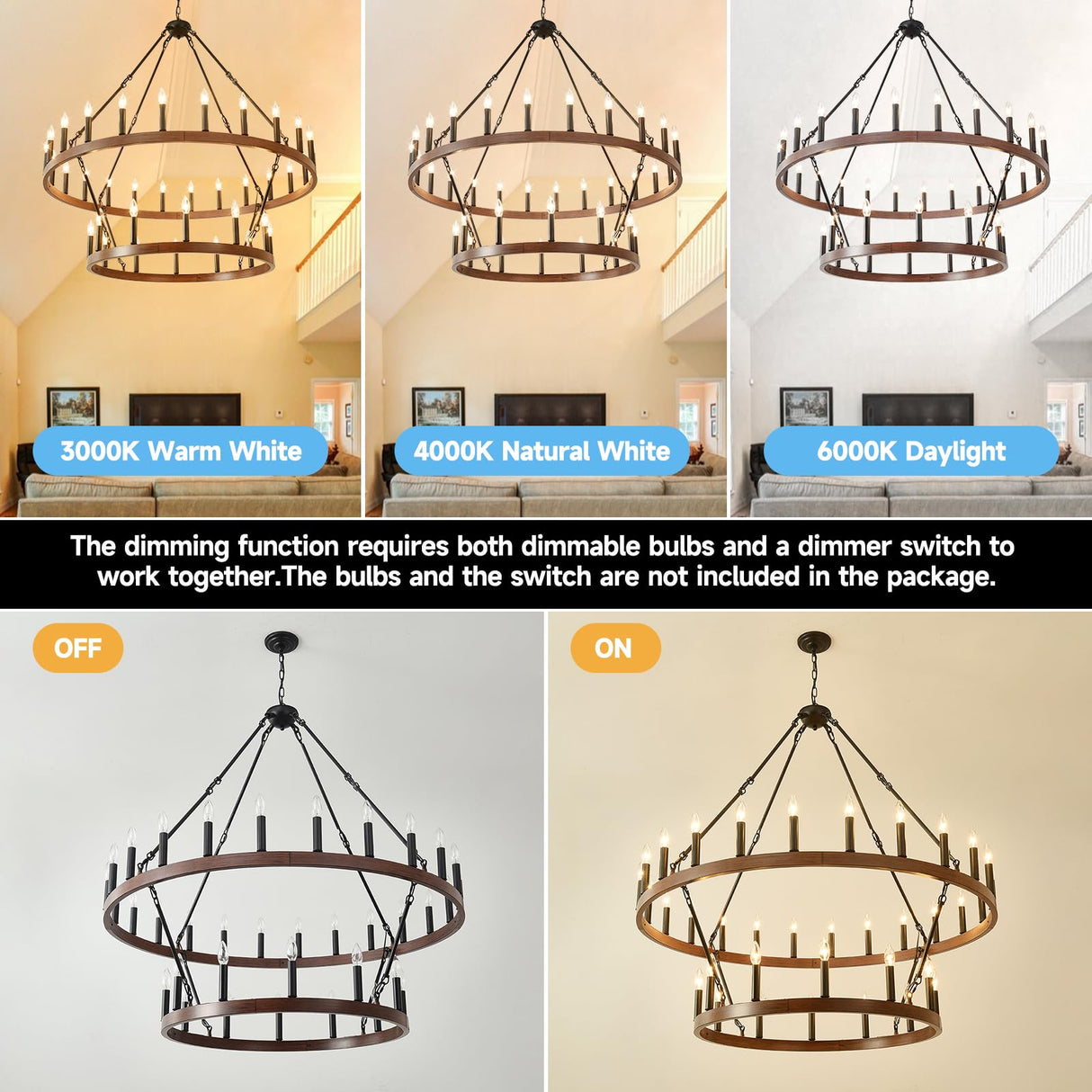 HHR 48" Wood-Grain Surface Double Tier Wagon Wheel Chandelier, 36-Light Round Farmhouse Pendant Light Fixture, Rustic Hanging Lighting for Dining Room Living Room Office(Not Solid Wood) HHR