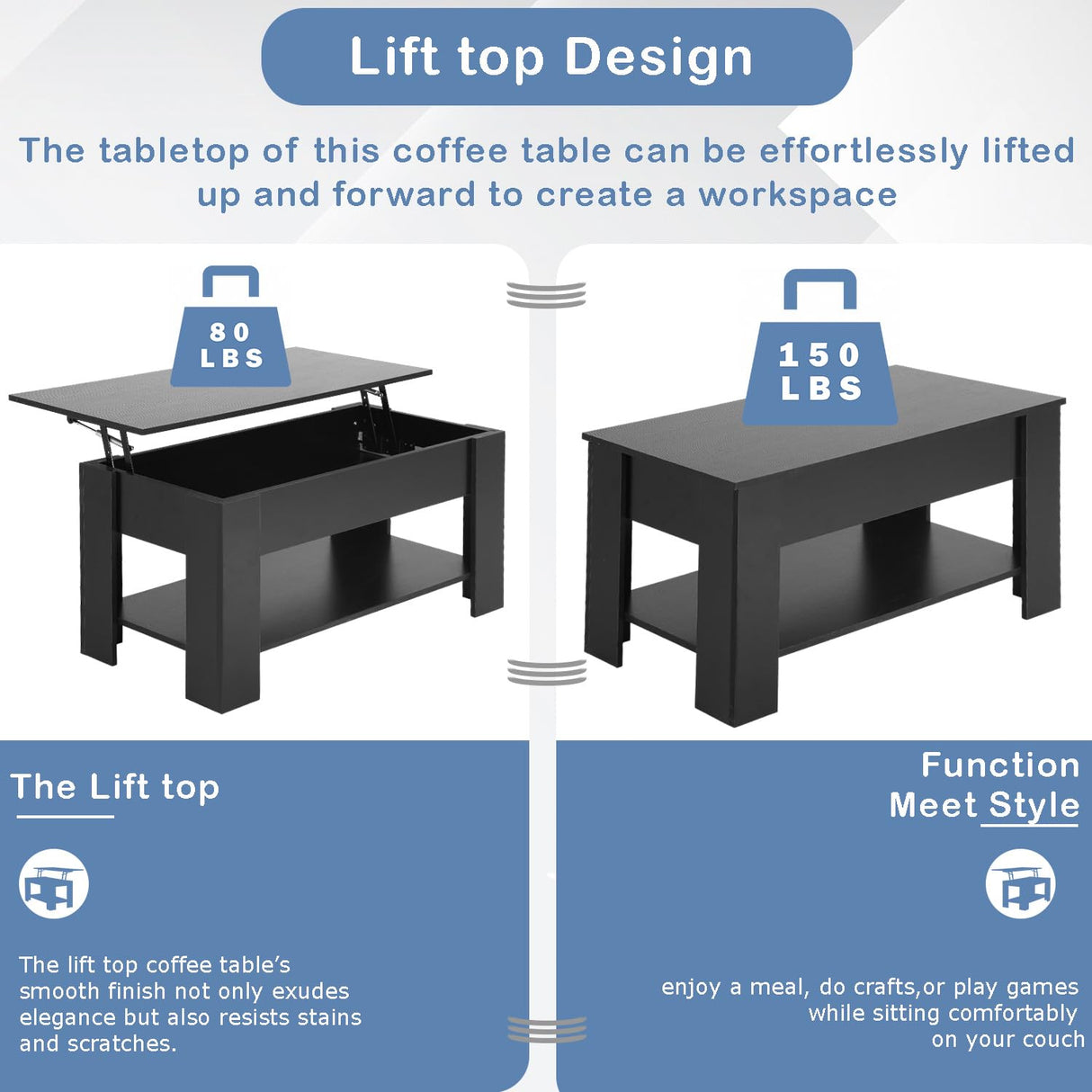 Ruesleag Lift Top Coffee Table w/Hidden Compartment and Storage Shelf,Retro Wooden Lift Tabletop Dining Table Multifunctional Wooden Working Table for Living Room Office Reception Room,39.4in L,Black Ruesleag