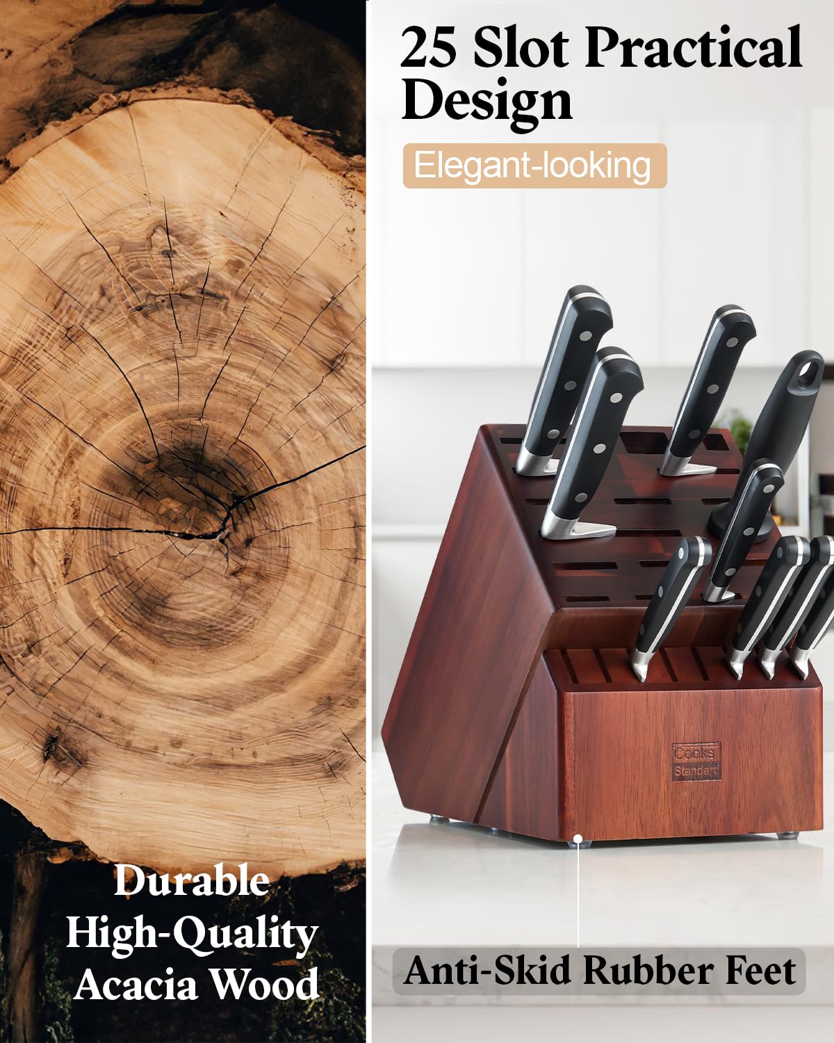 Cooks Standard Acacia wood Knife Block Holder without Knives, 25 Slot X-Large Universal Countertop Butcher Block Kitchen Knife Stand for Easy Kitchen Storage Cooks Standard