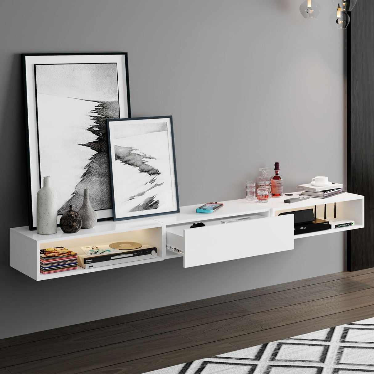 HedoAjim LED Floating TV Stand for 65 70 75 78 88 95+ inch TV, Entertainment Center with Light and Storage Cabinet Media TV Console Shelf for Wall for Living Room Bedroom (White with Led Lights) HedoAjim