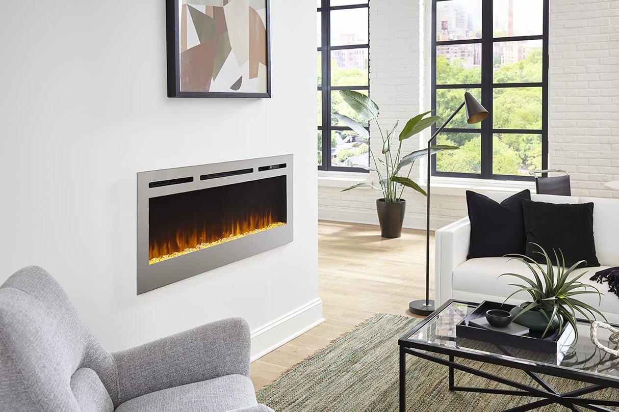 Touchstone Sideline Deluxe -Stainless Steel Smart Electric Fireplace- 50" Wide- Alexa/WiFi-Enabled- in Wall Recessed- 5 Flame Settings- 9 Flame Colors- 1,500W Heater- Log & Crystal Options- 86273 Touchstone