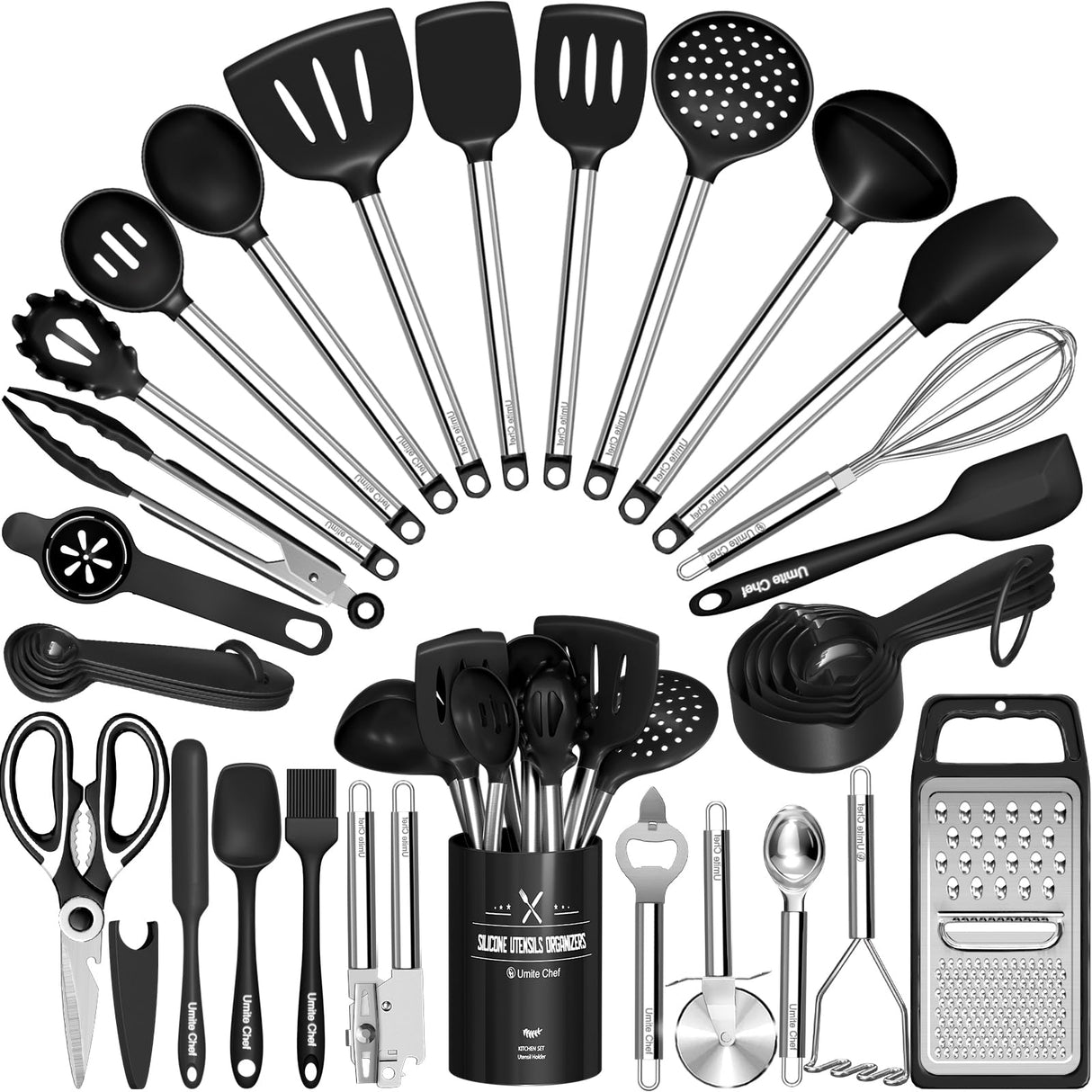 Kitchen Utensils Set-Umite Chef 34 Pcs Silicone Cooking Utensils Set for Nonstick Cookware-Silicone Spatulas Set, Stainless Steel Handle-Black Kitchen Gadgets Tools, Pots and Pans Accessories Umite Chef