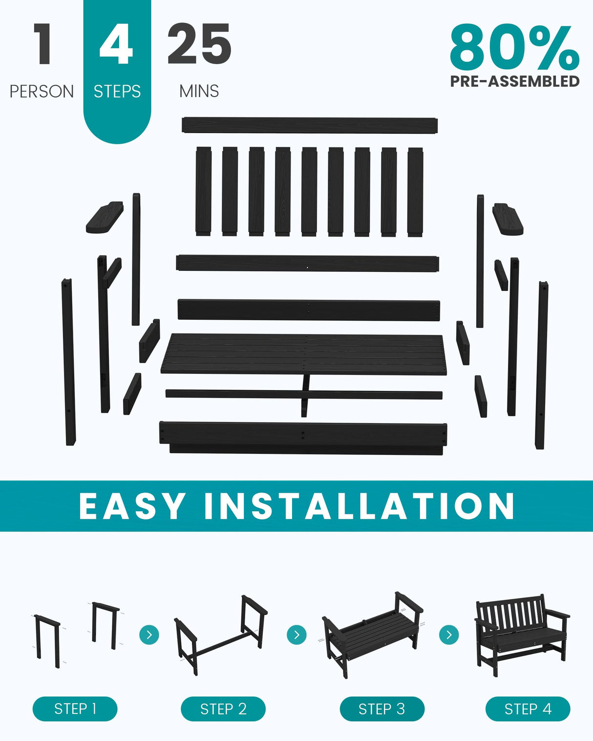 SERWALL Outdoor Bench, HDPE Outdoor Benches Weatherproof, 2-Person Garden Bench with 660 lbs Weight Capacity, Patio Benches for Outdoors, Garden, Porch, Backyard and Park, Black SERWALL