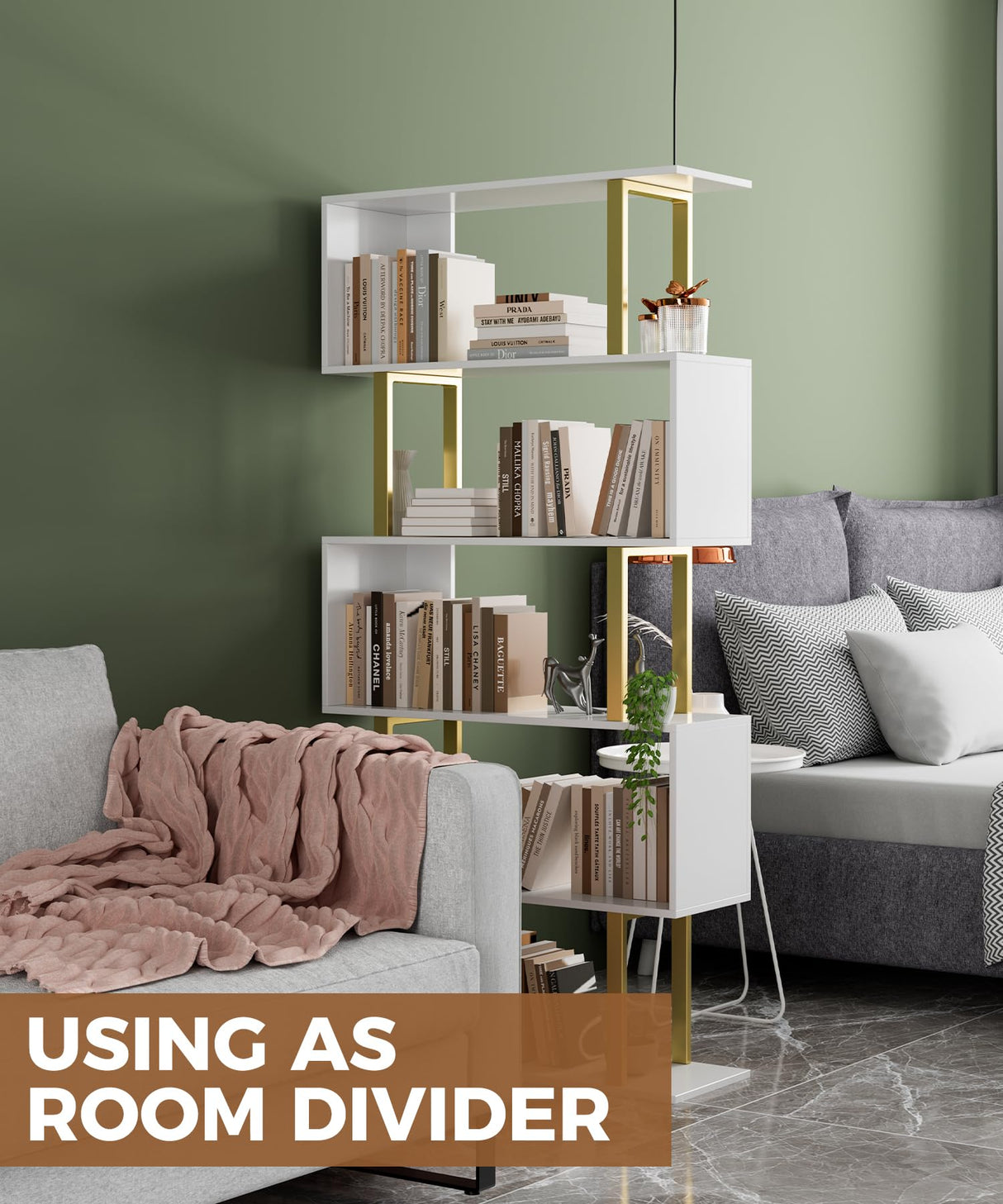 Gadroad 5 Tier Geometric Bookcase,S Shaped Bookshelf, Wood Decorative Storage Shelving, Modern Freestanding Display Shelves, Tall Book Shelf Unit for Living Room Bedroom, Gold Gadroad
