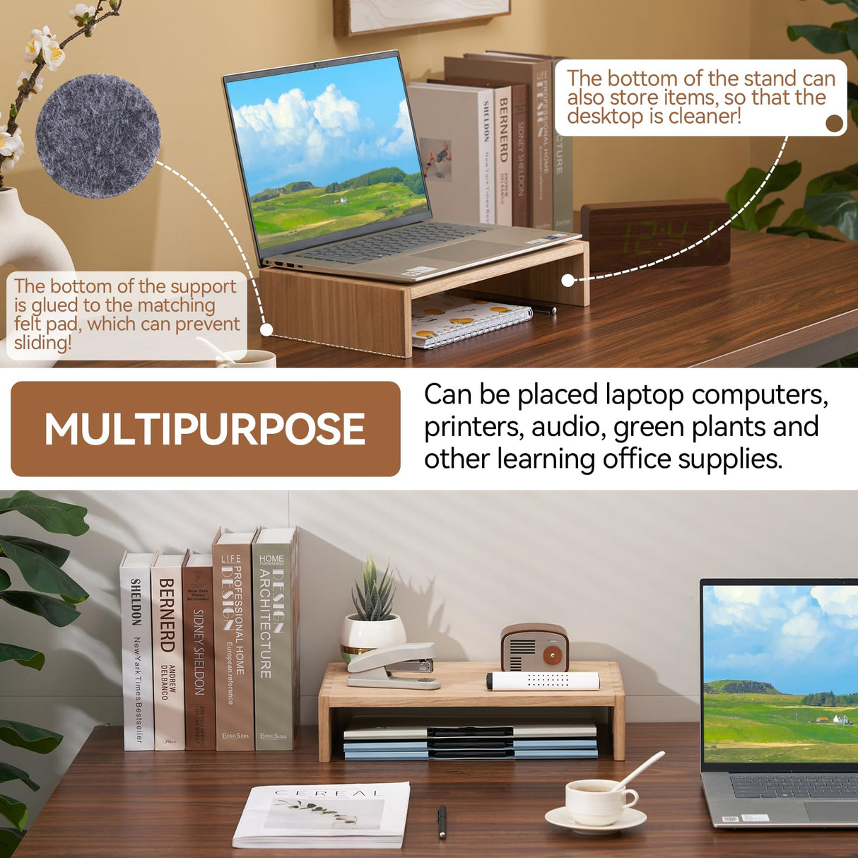 KIRIGEN Monitor Stand Wooden -Desk Stand Wood for Computer/Laptop/TV Printer - Monitor Arms & Stands Desk Riser for Office Organizers - Desktop Workspace Platforms Stands (39,Natural) KIRIGEN