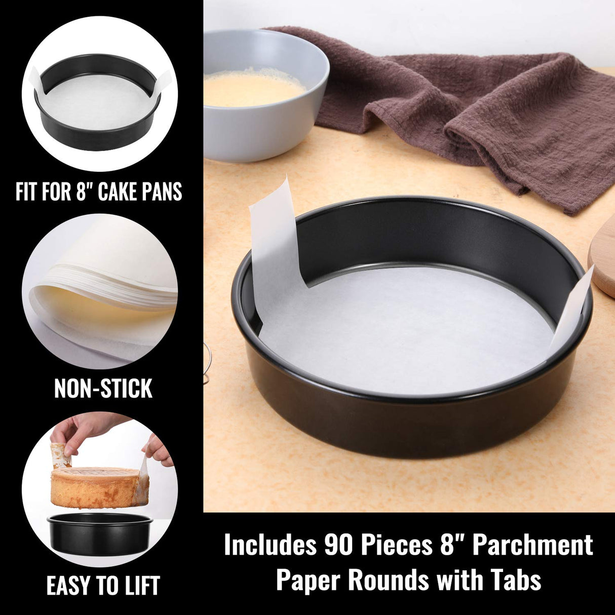 HIWARE 8-Inch Round Cake Pan Set of 3, Nonstick Baking Cake Pans with 90 Pieces Parchment Paper, Dishwasher Safe HIWARE