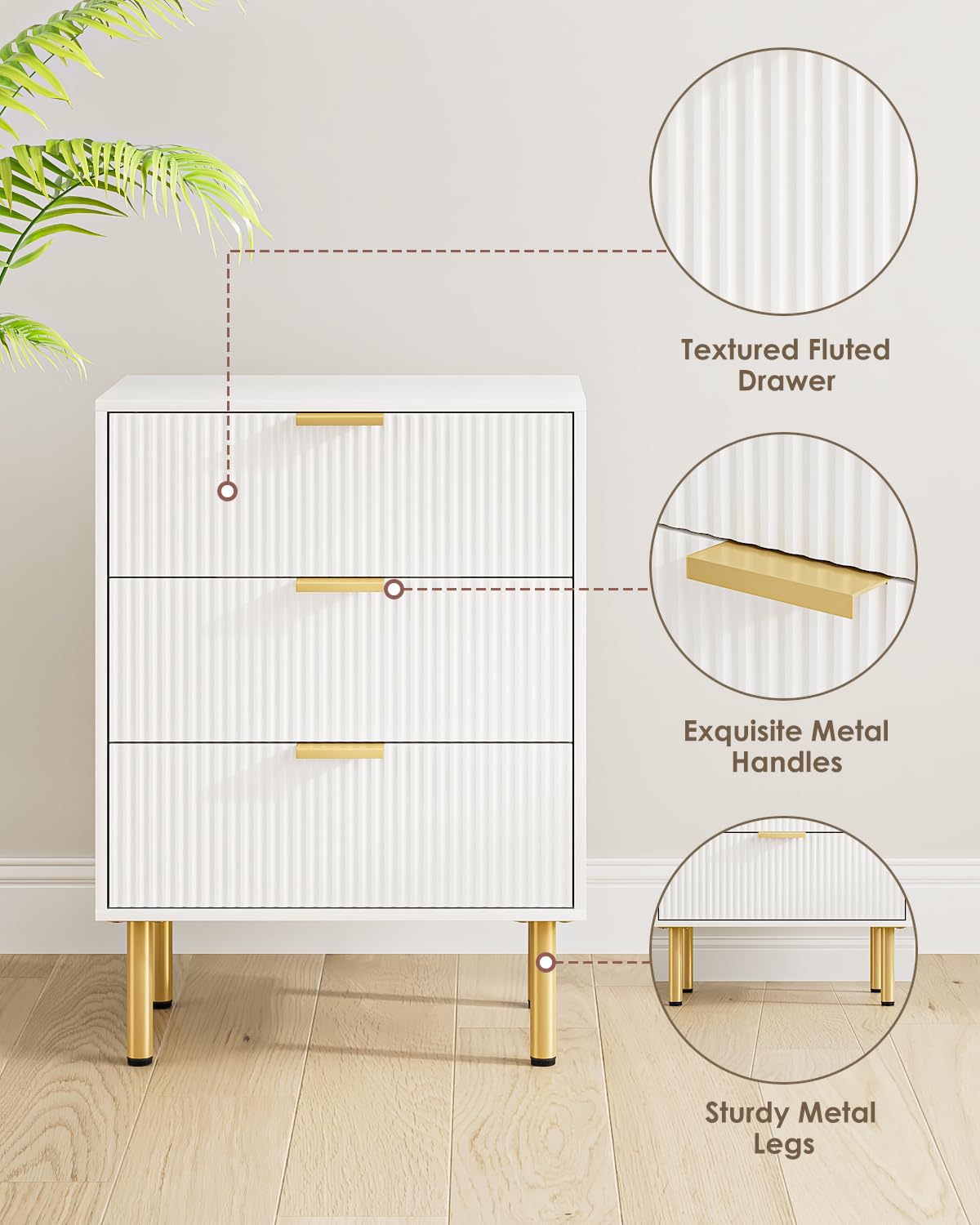 AEPOALUA Nightstand with 3 Drawers,Fluted Bedside Table with Gold Frame,25.7" H White Night Stand,Mid Century Modern Side Accent Table for Bedroom,Living Room AEPOALUA