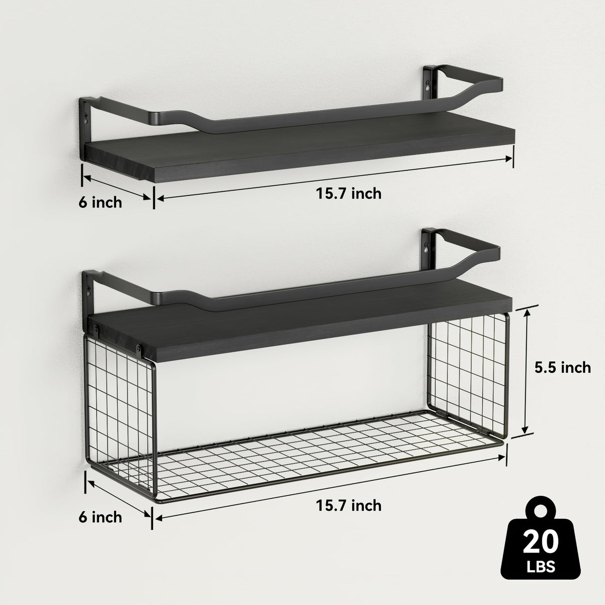 WOPITUES Floating Shelves with Wire Storage Basket, Bathroom Shelves Over Toilet with Protective Metal Guardrail, Wood Wall Shelves for Bathroom, Bedroom, Living Room, Toilet Paper-Black WOPITUES