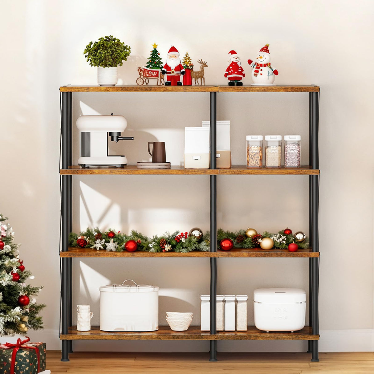 HOOBRO Corner Bookshelf, 4-Tier L-Shaped Bookcase, Industrial Open Display Shelf Tall Storage Organizer, Vertical Storage Rack, for Living Room, Home Office, Rustic Brown and Black BF59SJ01 HOOBRO