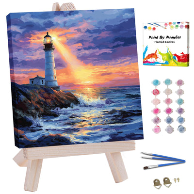 JUJUHOOD Sunset Lighthous Framed Paint by Numbers Kit for Adults Beginner & Kids Ages 8-12,Seaside Paint by Number Without Easel,Paint by Numbers for Gift Home Wall Decor (10x10Inch)