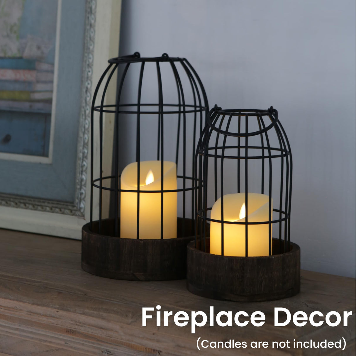 Perfnique Decorative Candle Lantern, Set of 2 Farmhouse Table Lanterns for Home Decor, Rustic Table Centerpieces for Dining Room, Fireplace Mantle Kitchen Decoration (Walnut) PERFNIQUE