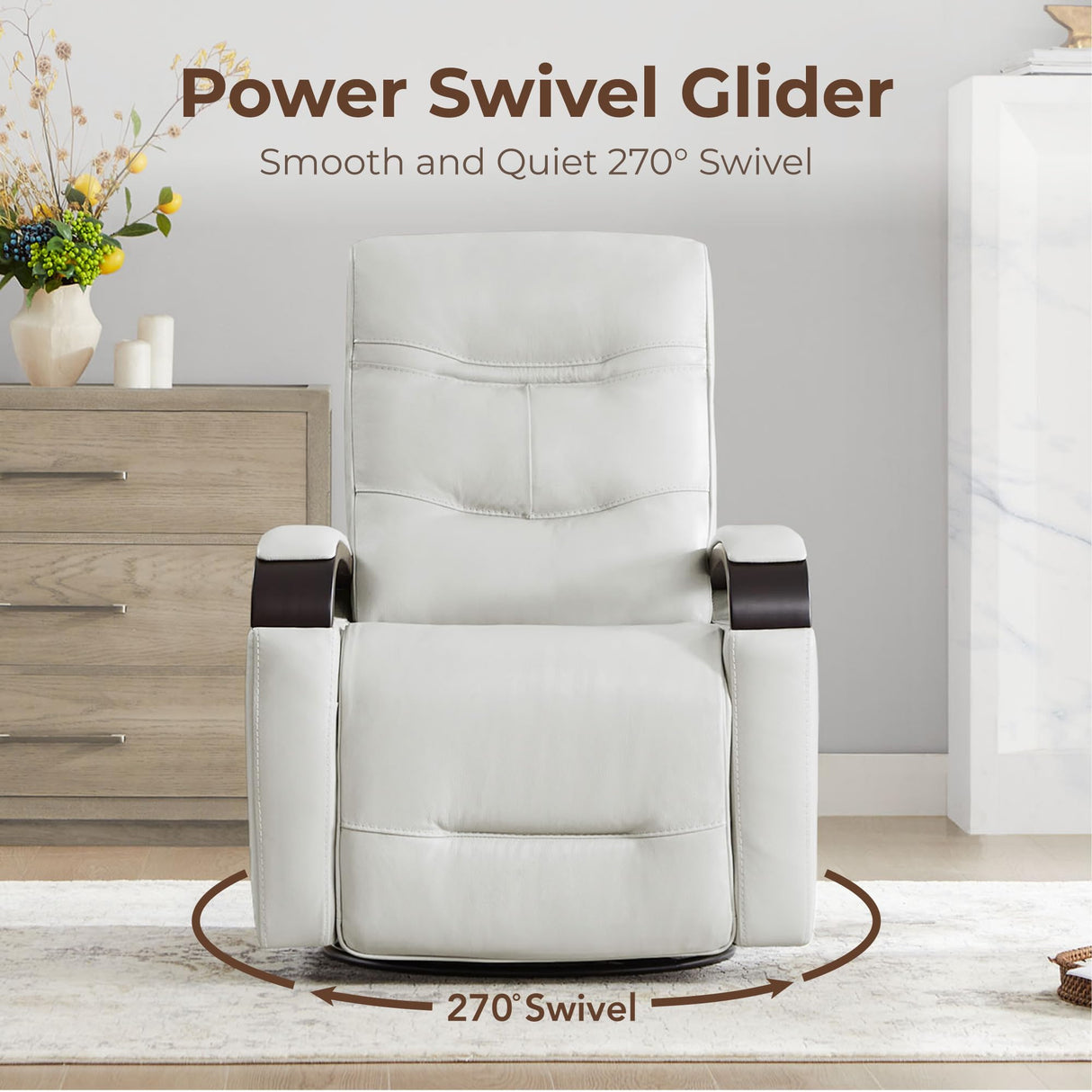 CHITA Genuine Leather Power Swivel Glider Rocker Recliner, FSC Certified Mid Century Modern Recliner Chair for Adults, Adjustable Power Headrest, for Nursery and Living Room, Creamy Grey CHITA