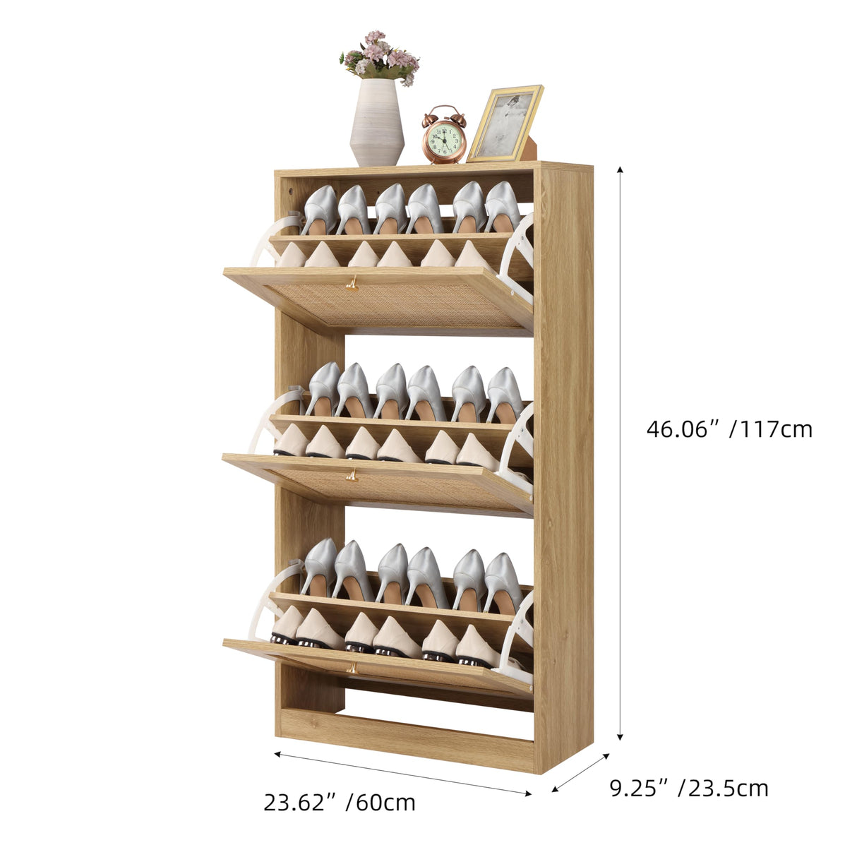 Finnhomy 3 Tier Shoe Cabinet with Natural Rattan Flip Drawers for Entryway, Free Standing Slim Shoe Storage Organizer with Large Top Board, Shoe Cabinet with Adjustable Width Drawers, Natural Finnhomy