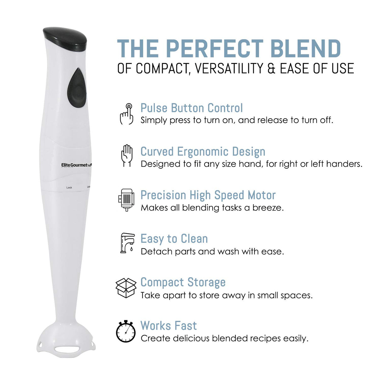 Elite Gourmet EHB-2425X Electric Immersion Hand Blender Stick, Mixer, Chopper, 1-Touch Control Multi Purpose, 150 Watts, For Soups, Sauces, Baby Food, White Elite Gourmet