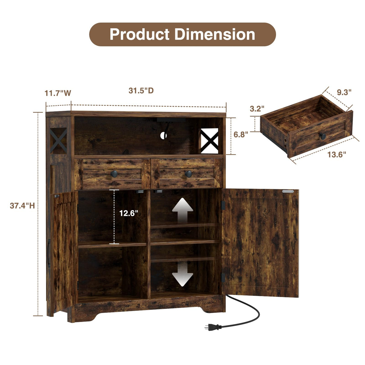 31.5" Rustic Brown Storage Cabinet with Doors and Drawers, Farmhouse Sideboard Buffet Cabinet with Storage, Kitchen Pantry Hutch Cabinet, Coffee Bar Station Table for Kitchen, Livingroom, Dining Room FiveWillowise