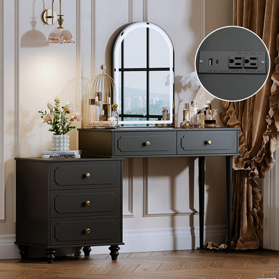 YYJ Vanity Desk with Mirror and Lights,Makeup Vanity with Power Outlet and Adjustable Cabinet,Modern Makeup Table with 3 Drawers for Bedroom Makeup Room,Writing Desk Black