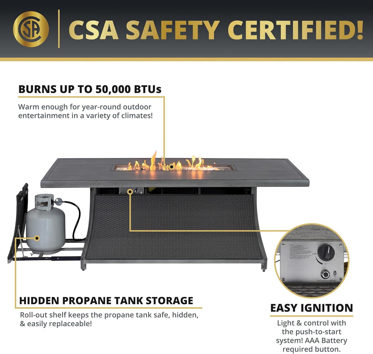 New Upgrade 7-Piece Rattan Patio Furniture Set, 76" Propane Fire Pit Table 50,000 BTU, 4 Dining & 2 Swivel Chairs Included, Cushion, CSA Certified, for Garden Backyard Outdoor Dining and Conversations Lokingrise