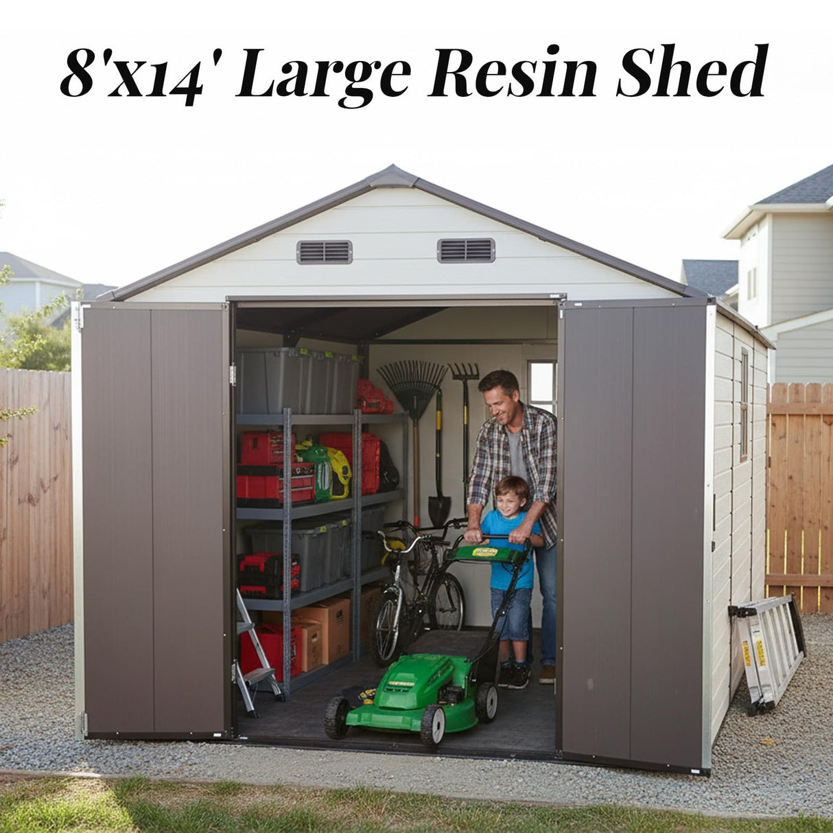 FammyLoft 8x14 FT Resin Storage Sheds Outdoor with Floor Included, Plastic Sheds & Outdoor Storage Clearance with 2 Windows and Lockable Door, Backyard Storage Sheds for Garden Tools, Brown+White FammyLoft