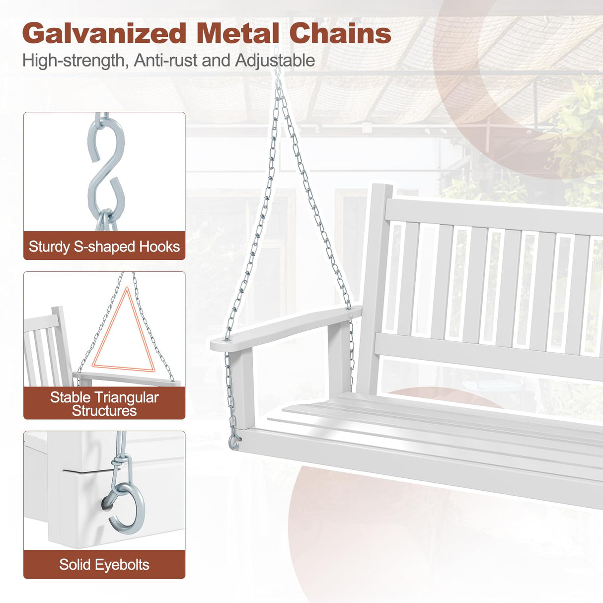 Tangkula 3 Person Wooden Porch Swing, Hanging Patio Swing with 2 Adjustable Galvanized Metal Chains, Slatted Back & Seat, Outdoor Swing Bench for Backyard Deck Garden, 5FT Tangkula