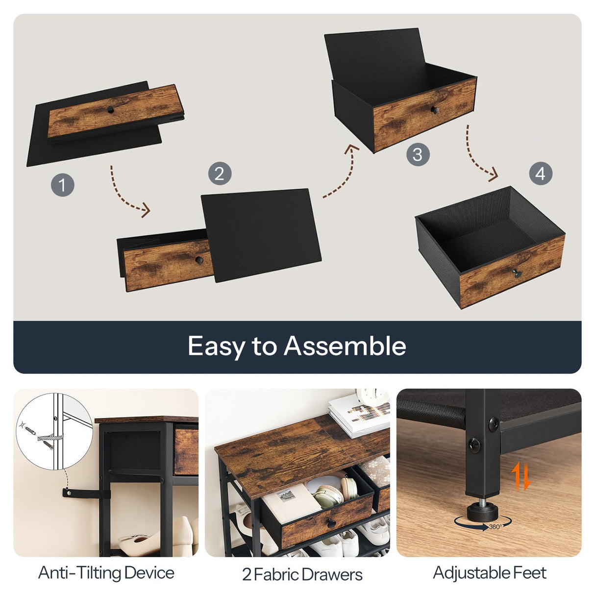 HOOBRO Shoe Rack, 5 Tier Shoe Storage Organizer with 2 Non-Woven Drawers, 12-16 Pairs of Shoes for Entryway, Shoe Shelf with 4 Oxford Fabric Shelves and Wooden Top, Closet, Rustic Brown BF78XJ01 HOOBRO