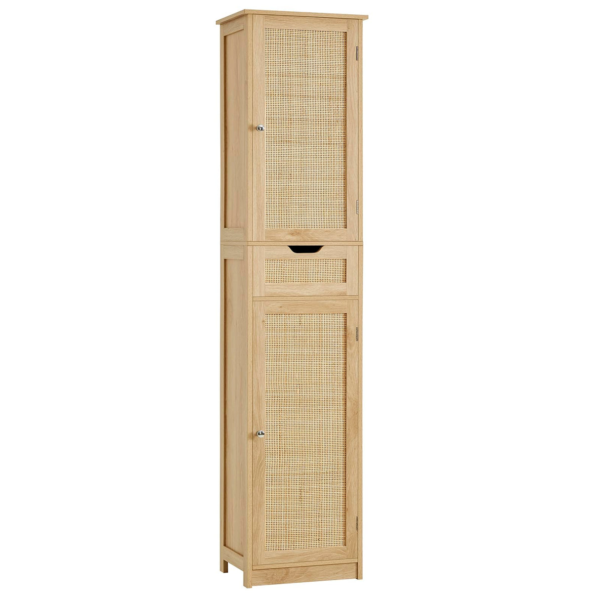 Iwell Tall Bathroom Cabinet with Doors, Rattan Storage Cabinet with Adjustable Shelves, Freestanding Narrow Linen Cabinet for Living Room, Entryway, Kitchen, Home Office, Natural Iwell