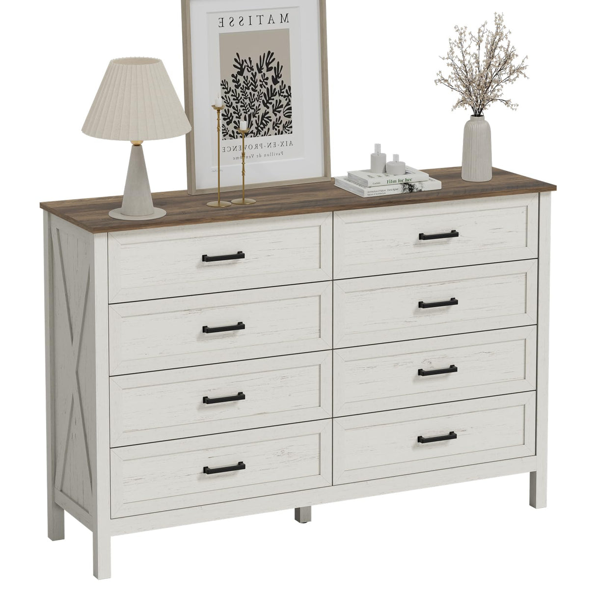 LYNSOM Farmhouse 8 Drawer Dresser for Bedroom, 55 Inch Wide Wood Rustic Chest of Drawers with X-Marking & Bar Handle, Large Storage Dressers Organizer for Bedroom, Living Room, Antique White LYNSOM