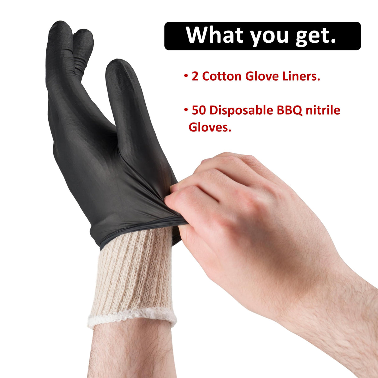 Tackleit BBQ Gloves 2 Cotton Glove Liners and 50 Disposable Nitrile for Cooking Baking Grilling Washable Cotton Liners Powder Latex Free Nitrile Gloves Tackleit