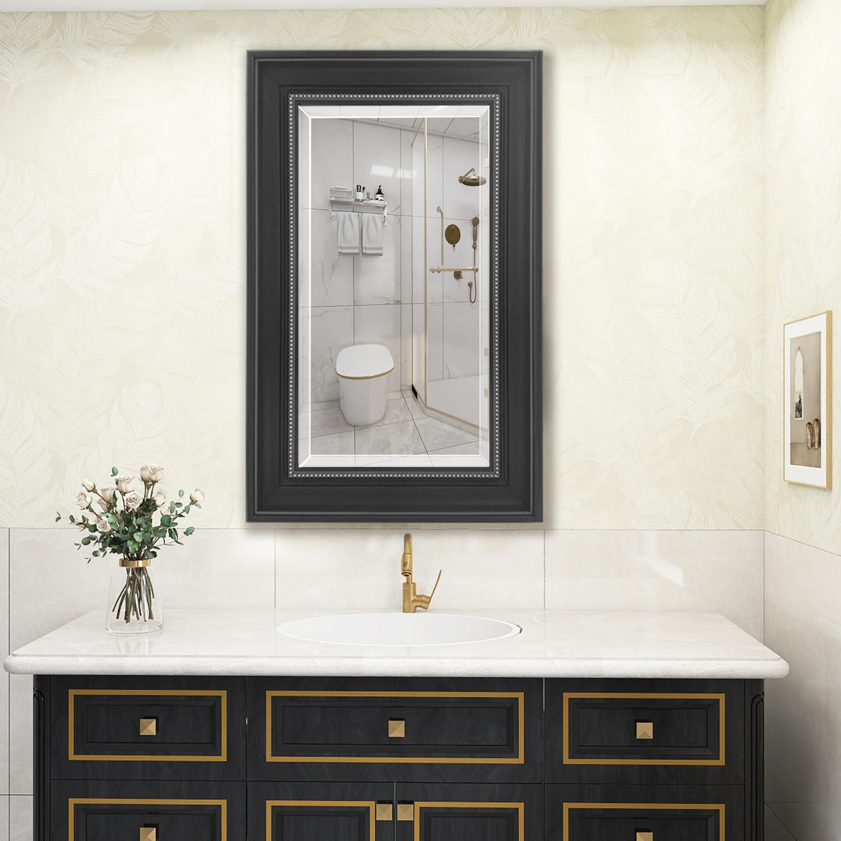 HESONTH 16"x26" Medicine Cabinet with Mirror Retro Bathroom Medicine Cabinet Organizer with Shelves Farmhouse Wall Mounted Hanging Rectangular Bathroom Mirror Cabinet Recess or Surface Mount HESONTH