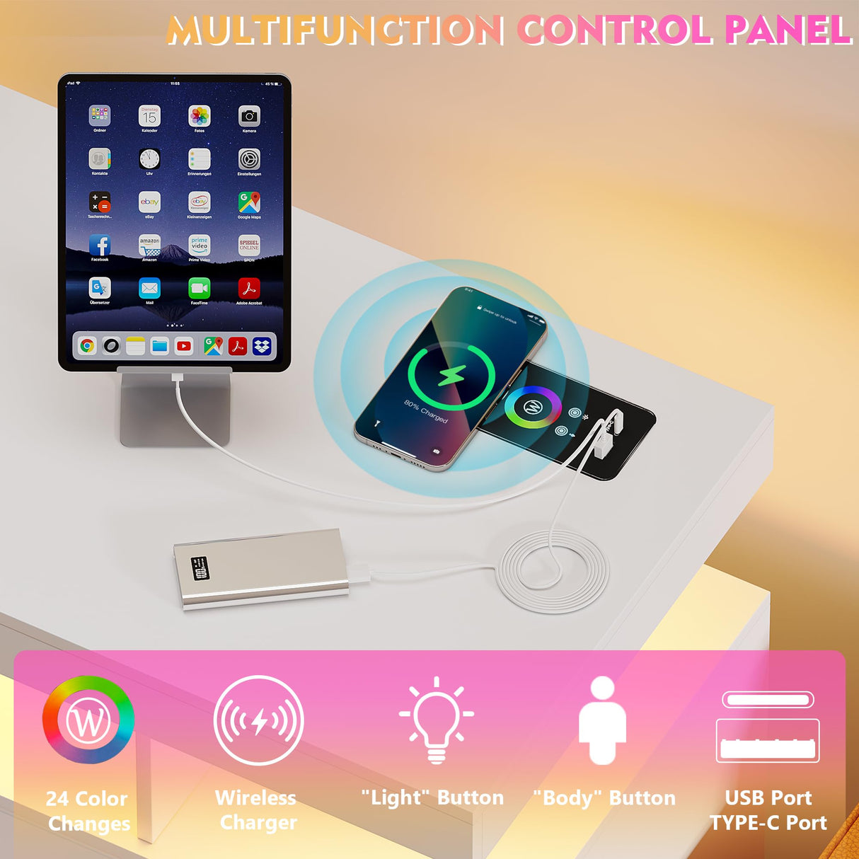 JDPAG Sideboard Buffet Cabinet with Wireless Charging Station 40", LED Side Board with 24 RGB Dimmable Lights, Coffee Bar Cabinet with 3 Drawers Storage for Kitchen, Living Room JDPAG