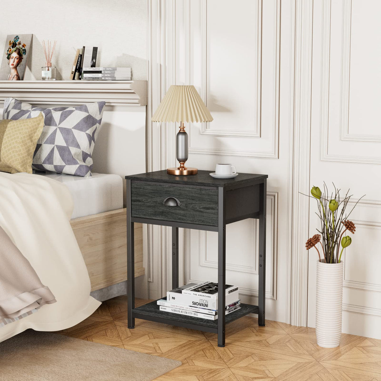 Furologee Nightstand with Fabric Drawer & Storage Shelf, Small Bedside Table Organizer for Small Space, 2 Tiers Industrial End Table, Side Table for Living Room, Bedroom, Black Oak Furologee