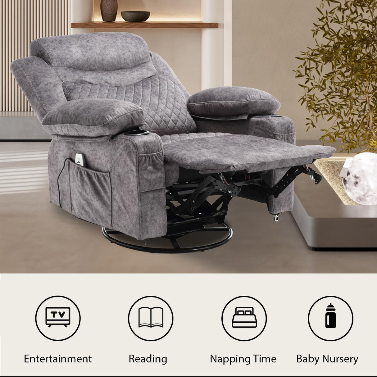 Comermax Power Swivel Rocker Recliner Chair with Massage and Heat, Wide Seat Overstuffed Reclining Chair with Cup Holders USB Port, Fabric Electric Rocking Recliner Glider Chair, Grey Comermax