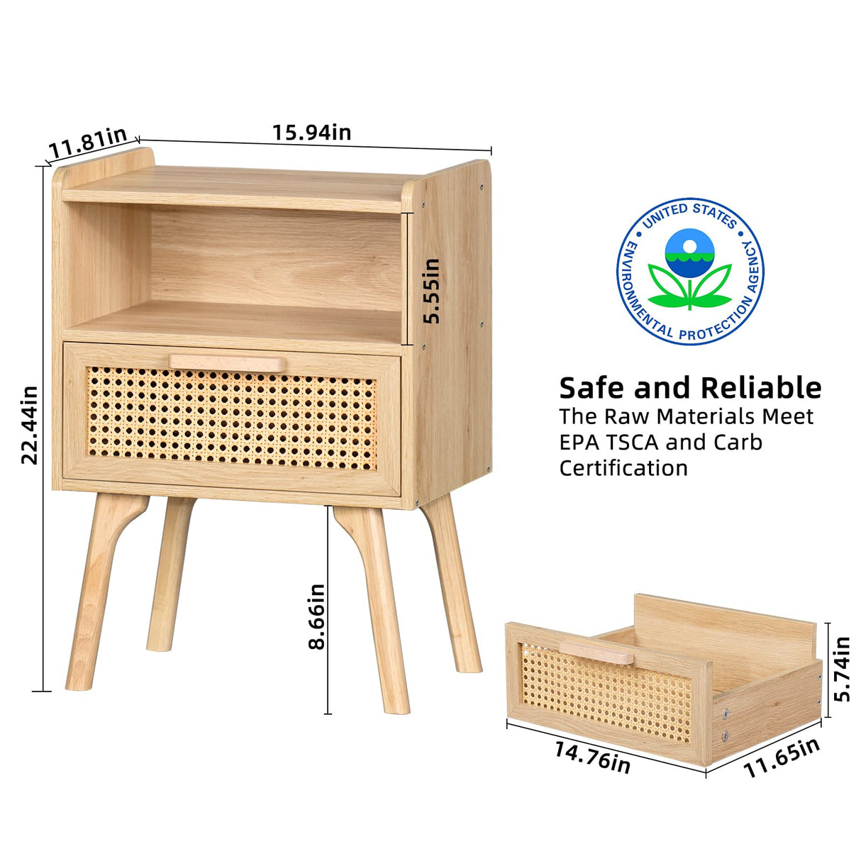 Lerliuo Rattan Nightstand, Boho Side Table with Drawer Open Shelf, Cane Accent Bedside End Table with Solid Wood Legs for Bedroom, Dorm and Small Spaces (Natural) Lerliuo