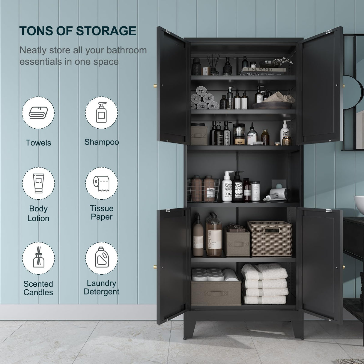 Bevivog 69" Pantry Cabinet,Tall Metal Storage Cabinet with Doors and Adjustable Shelves,High Freestanding Cupboard Locker for Kitchen,Dining Room,Living Room,Office,Black Bevivog