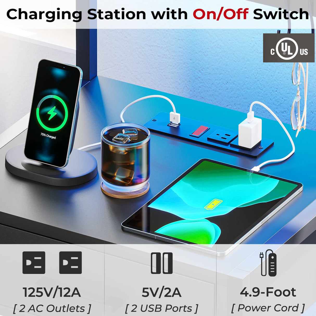 Nightstand with Charging Station and LED Lights, LED Night Stand with 2 USB Ports and 2 AC Outlets, Modern End Table with 3 Drawers, Bedside Table with Open Storage for Bedroom, Black AOGLLATI