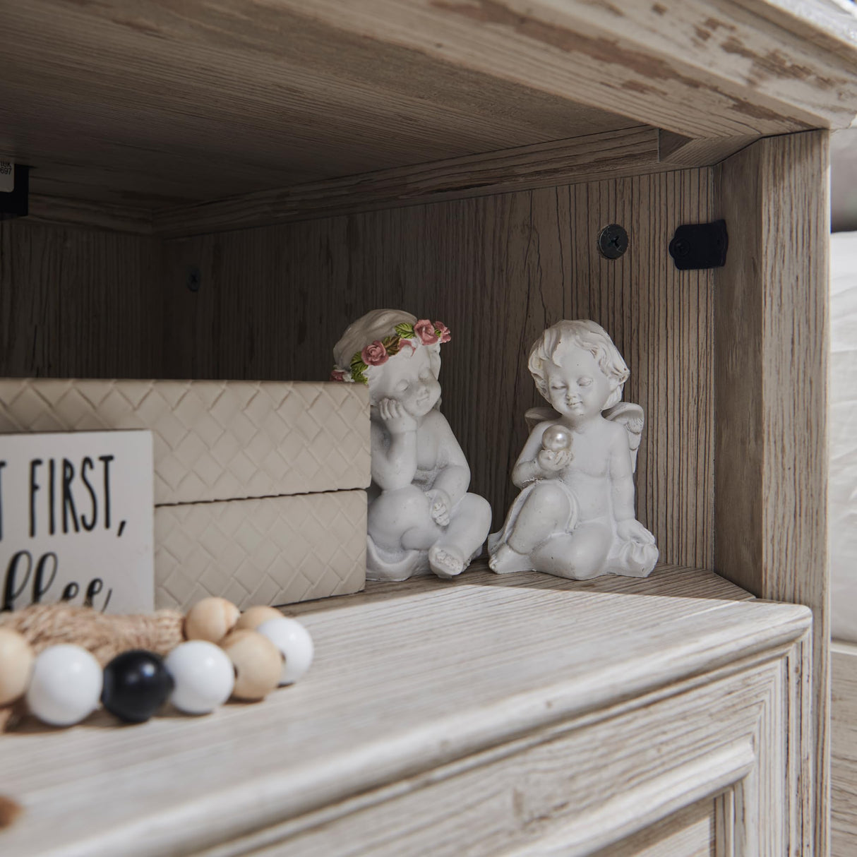 T4TREAM Farmhouse Nightstand with Charging Station, 18" End Table with 2 Drawers, Wood Side Table, Bedside Cabinet for Bedroom, Living Room (Distressed White) T4TREAM