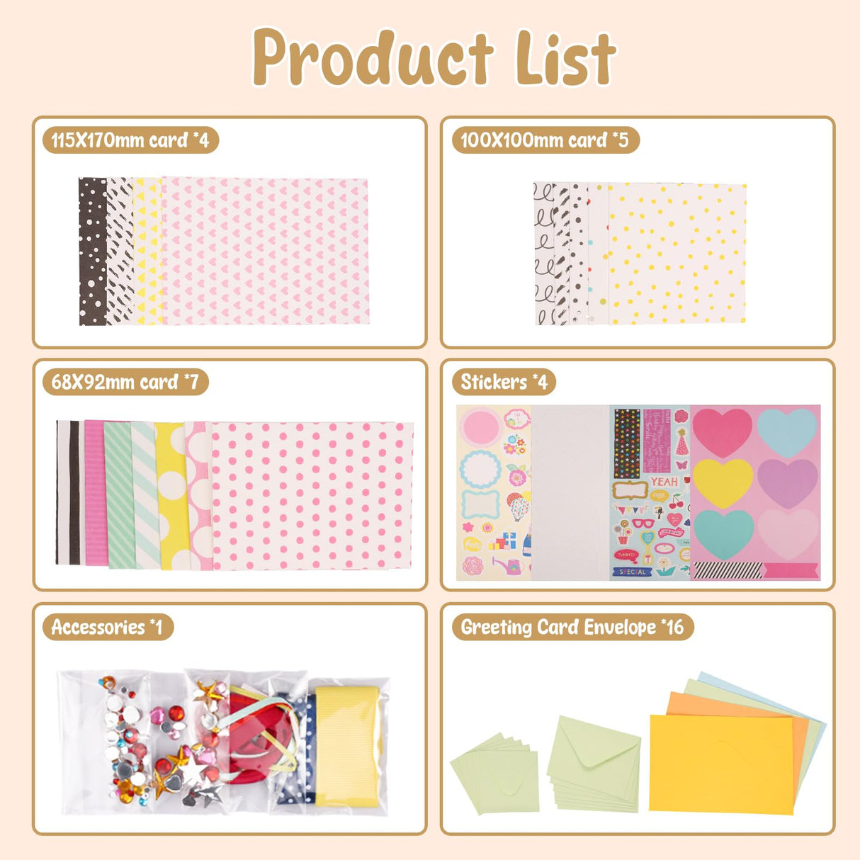 Handmade DIY Greeting Card Kits Includes 16 Cards 16 Envelopes with Decoration Accessories, DIY Greeting Card Making Kits, Personalized DIY Greeting Card Set for Craft Birthday Card Making (Pink) Tcwhniev