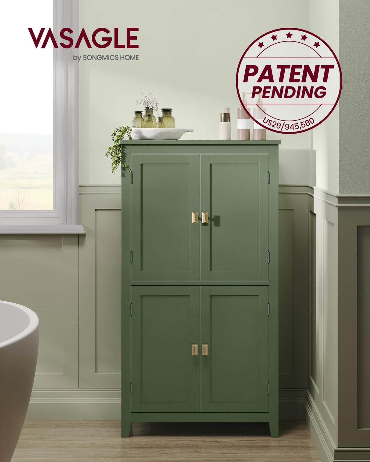 VASAGLE Floor Storage Cabinet, Freestanding Storage Unit with 4 Doors, Adjustable Shelves, 11.8 x 23.6 x 43.3 Inches, for Entryway, Bathroom, Forest Green UBBC552C01 VASAGLE