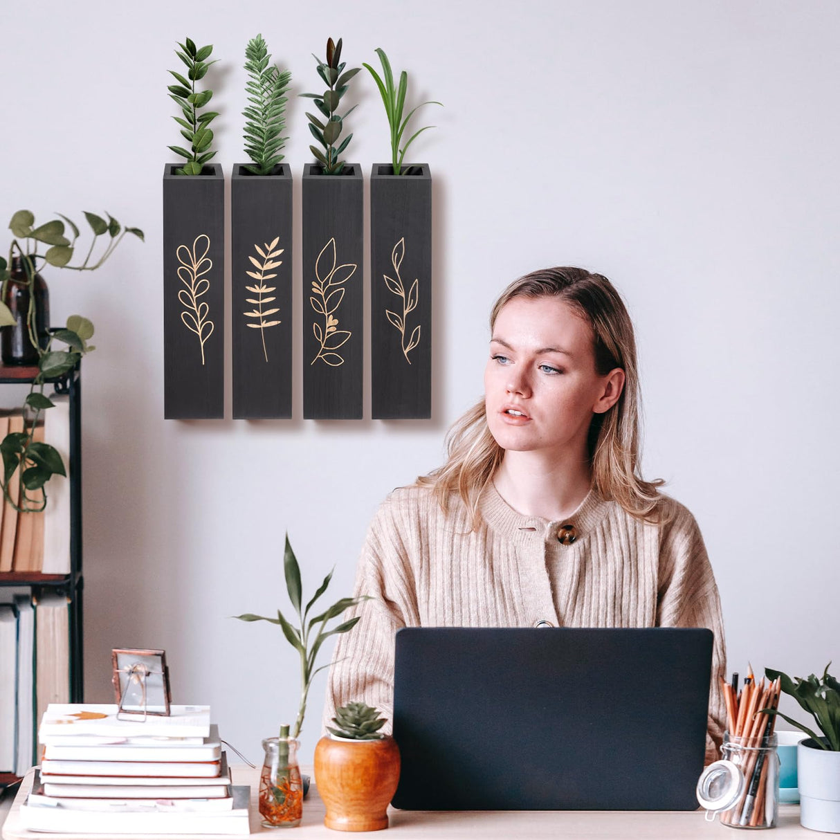 Wood Wall Planter, Farmhouse 4 Pack Indoor Pocket Wall Vases Decor for Living Room Bedroom Dried Flowers Faux Greenery Plants (Black) BOTOP